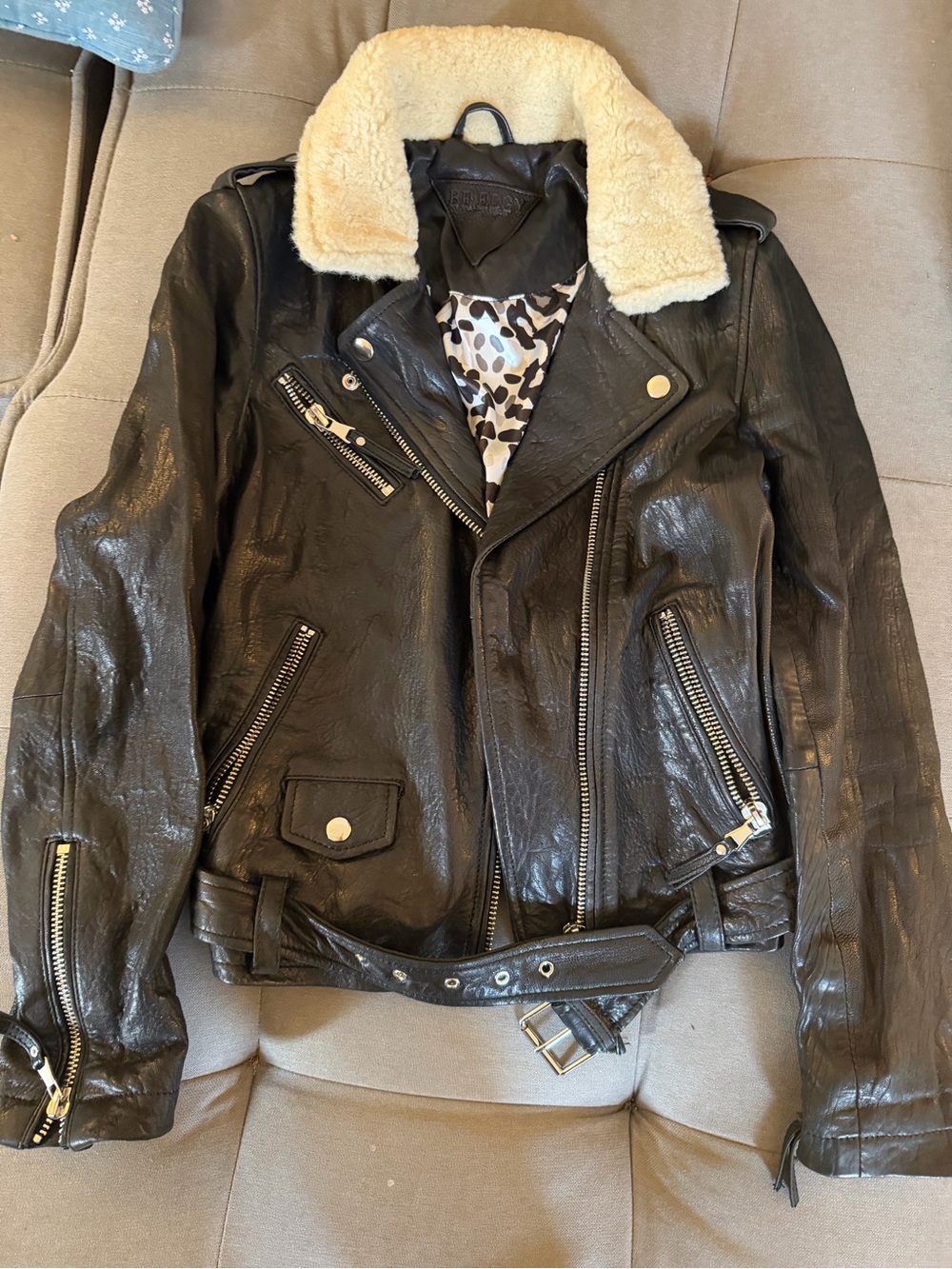 Black Leather Biker Jacket with Cream Shearling Collar